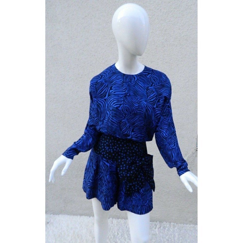 JL Junnie Leigh Romper Silk Blue Black Animal Print 100 % Silk Size 6